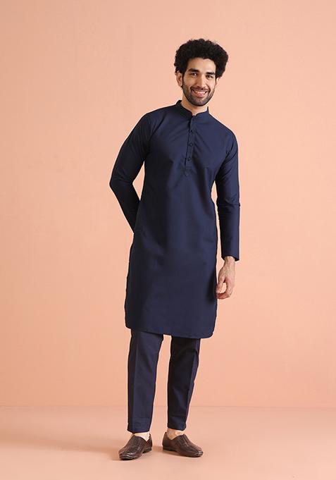 Navy Blue Woven Design Silk Blend Kurta Jacket Set