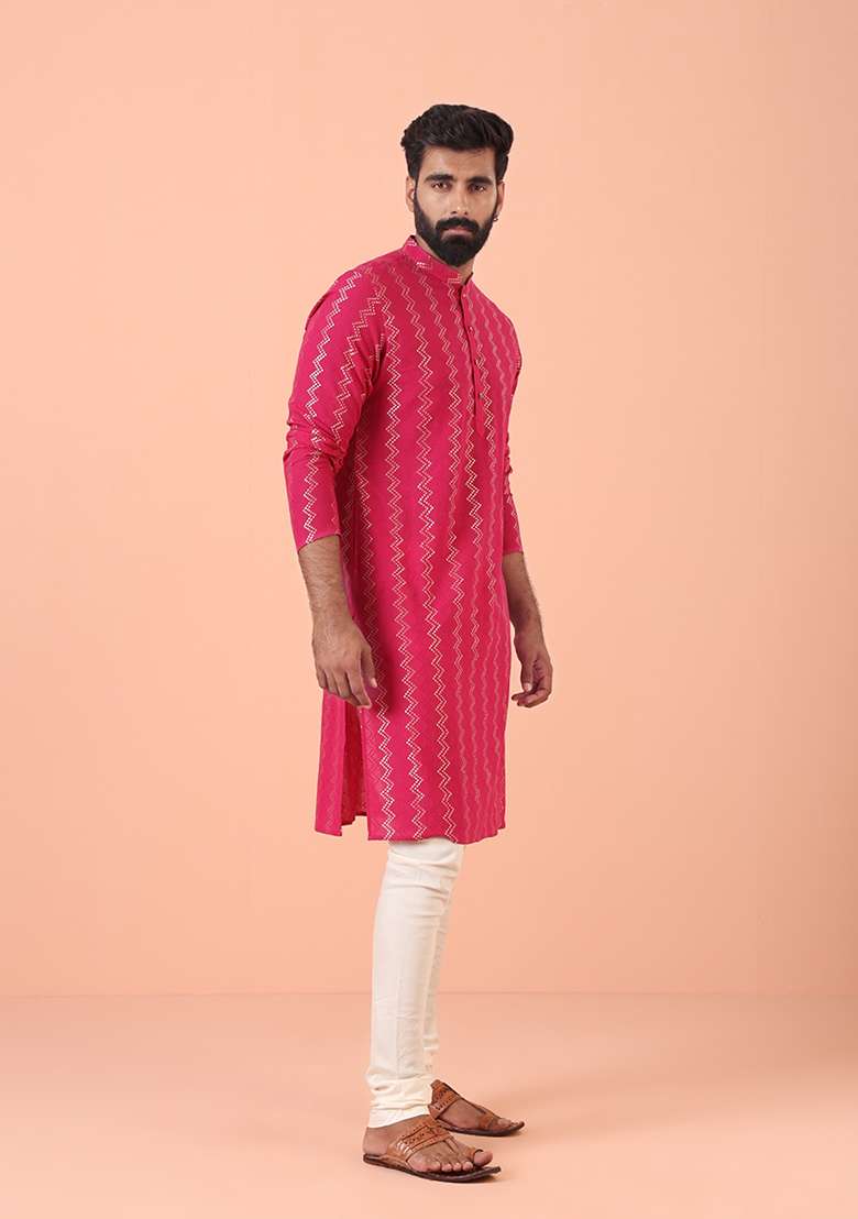 Pink Self Design Cotton Kurta - Indya