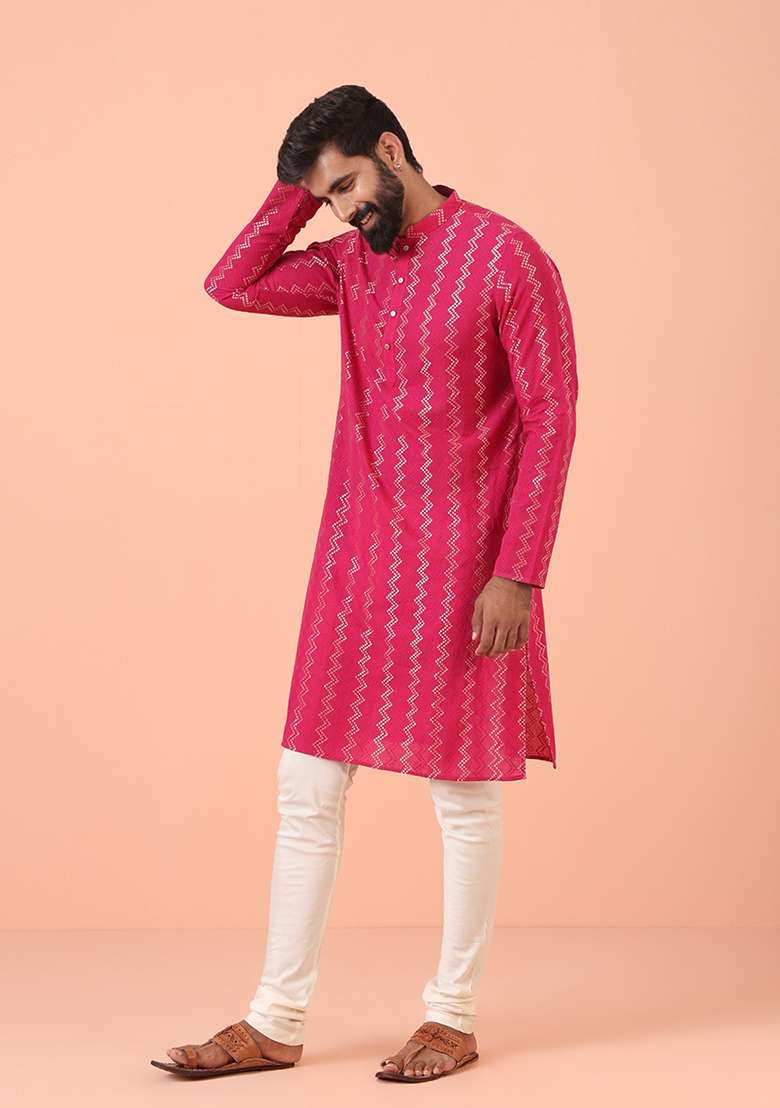 Pink Self Design Cotton Kurta - Indya