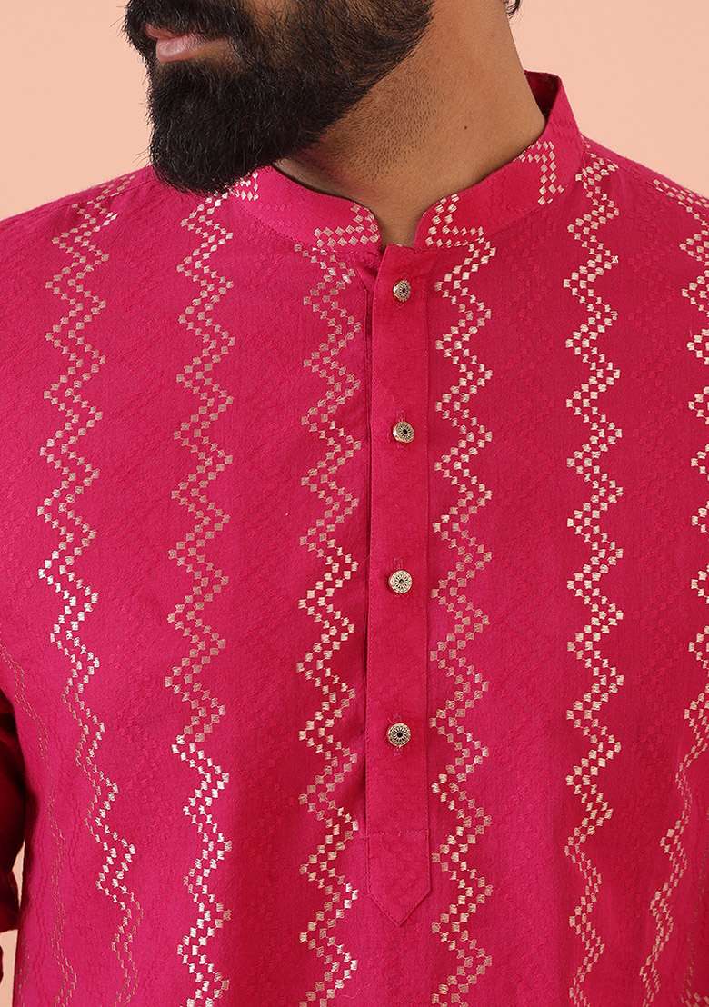 Pink Self Design Cotton Kurta - Indya