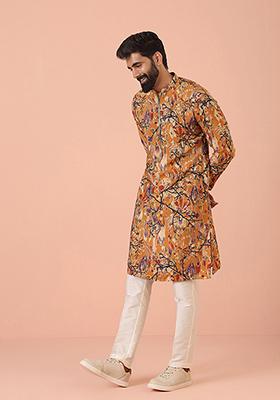 Yellow Printed Blend Kurta