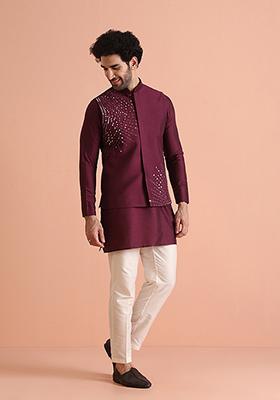 Wine Embellished Cotton Blend Jacket