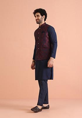 Navy Blue Jacquard Silk Blend Jacket