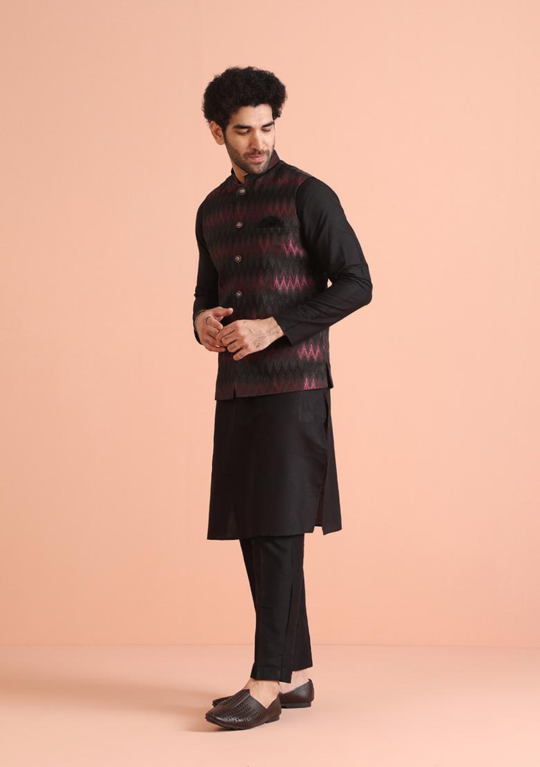 Black Jacquard Silk Blend Jacket - Indya