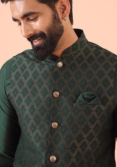 Green Ethnic Motifs Silk Blend Jacket