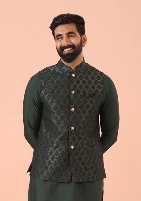 Green Ethnic Motifs Silk Blend Jacket