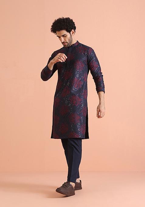 Navy Blue Embroidered Blend Kurta