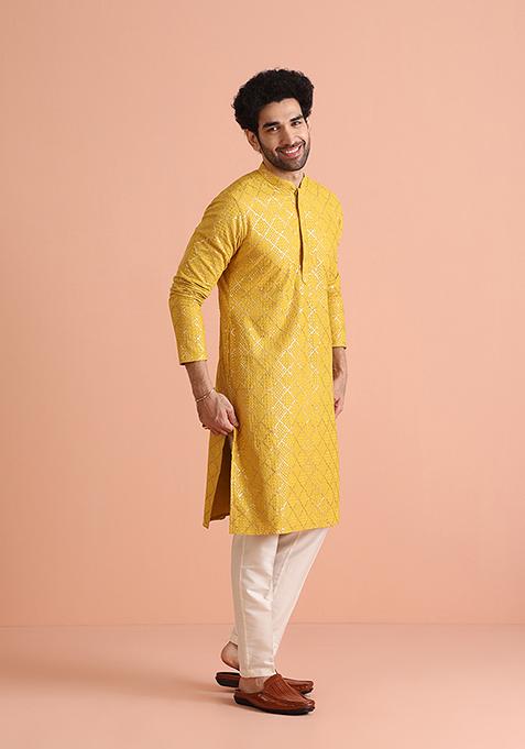 Yellow Embroidered Cotton Kurta