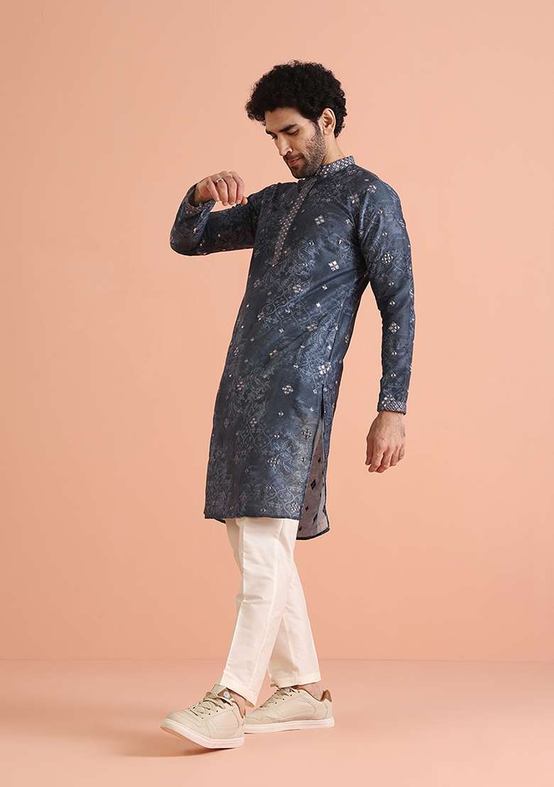 Blue Embellished Blend Kurta - Indya