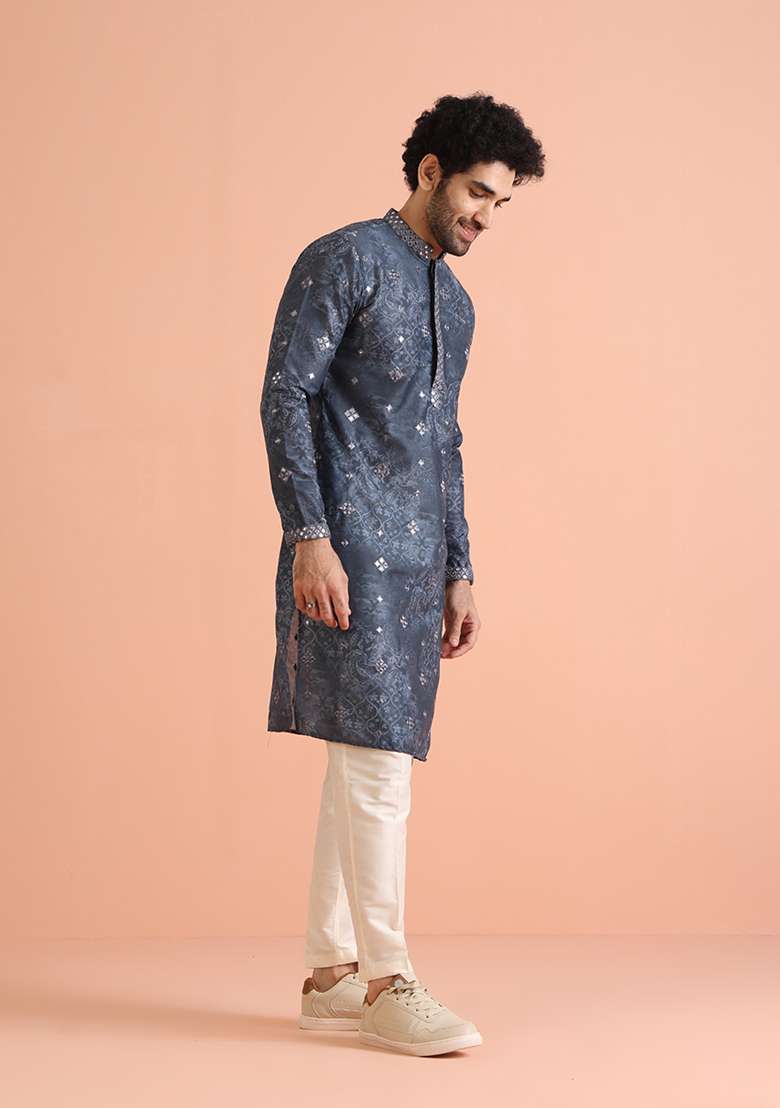 Blue Embellished Blend Kurta - Indya
