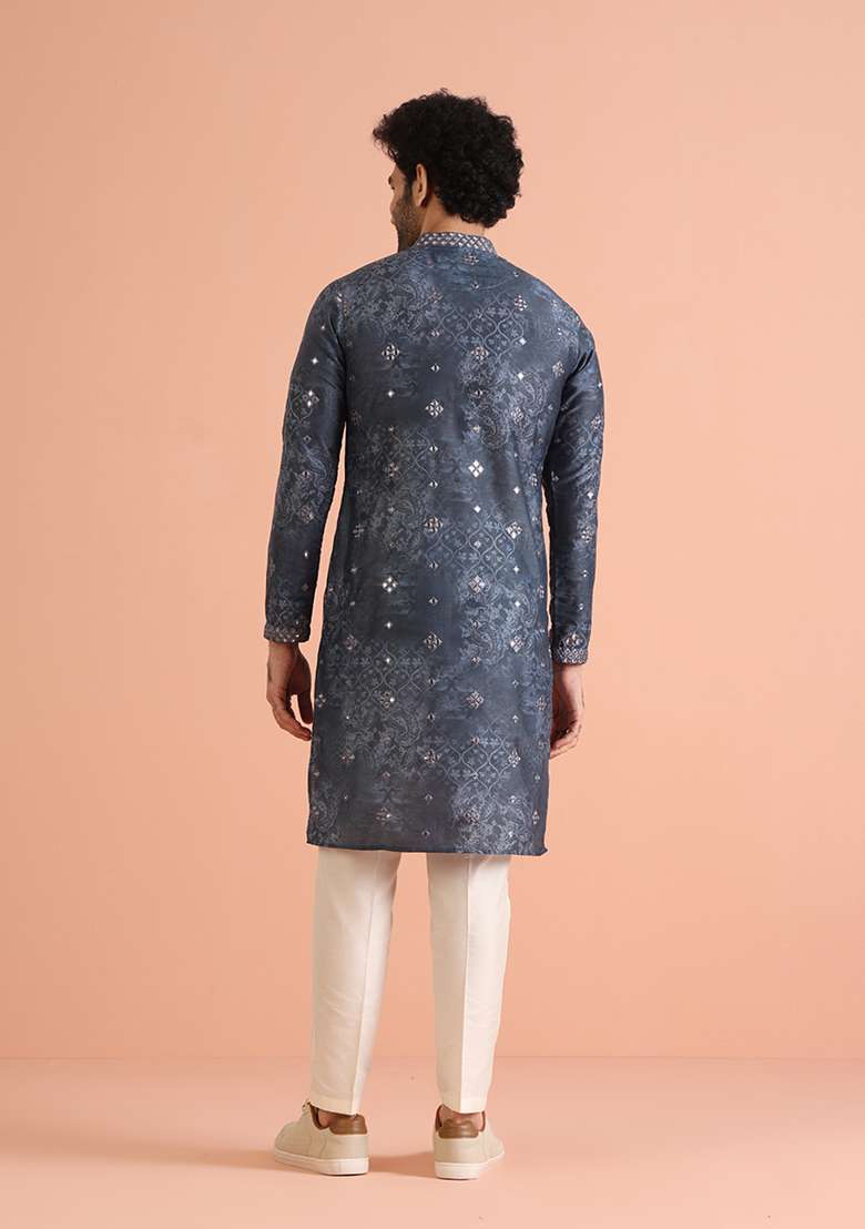 Blue Embellished Blend Kurta - Indya