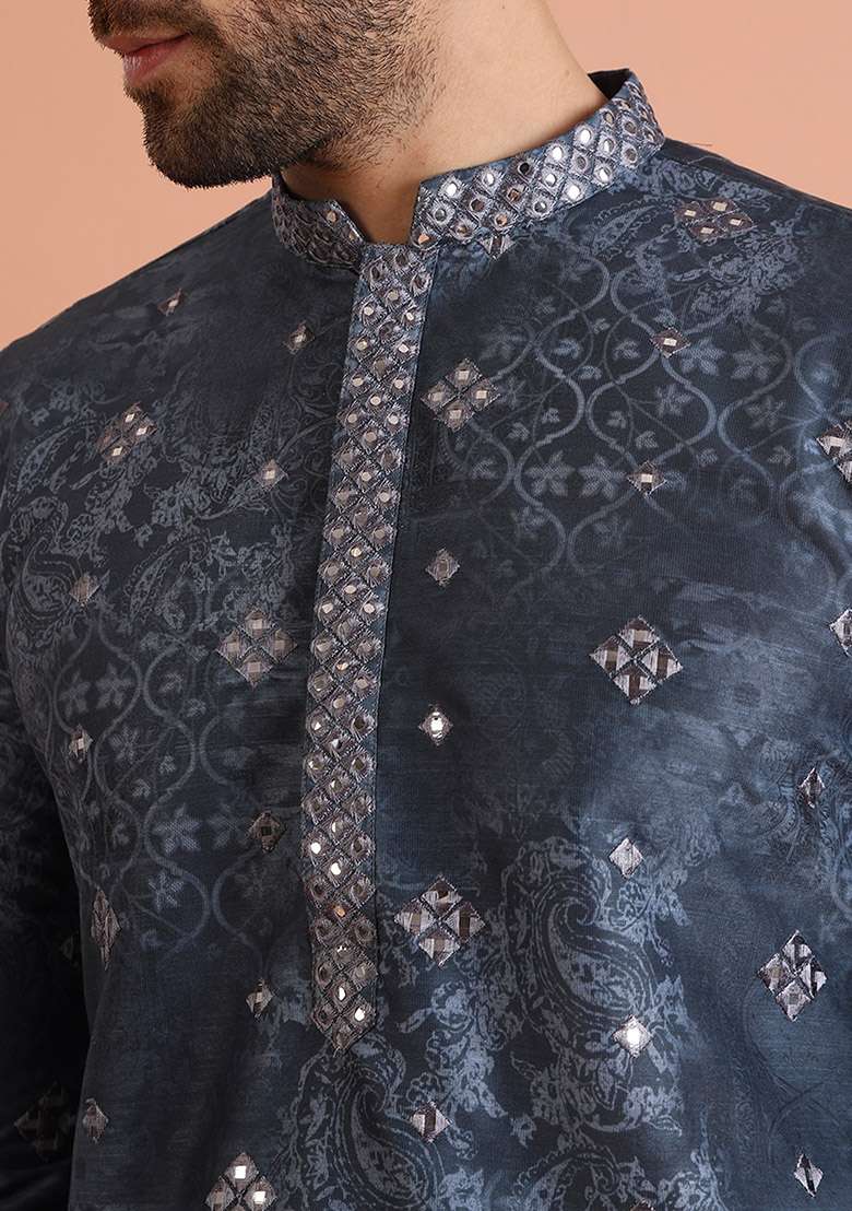 Blue Embellished Blend Kurta - Indya