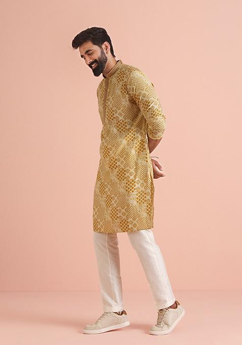 Yellow Printed Blend Kurta