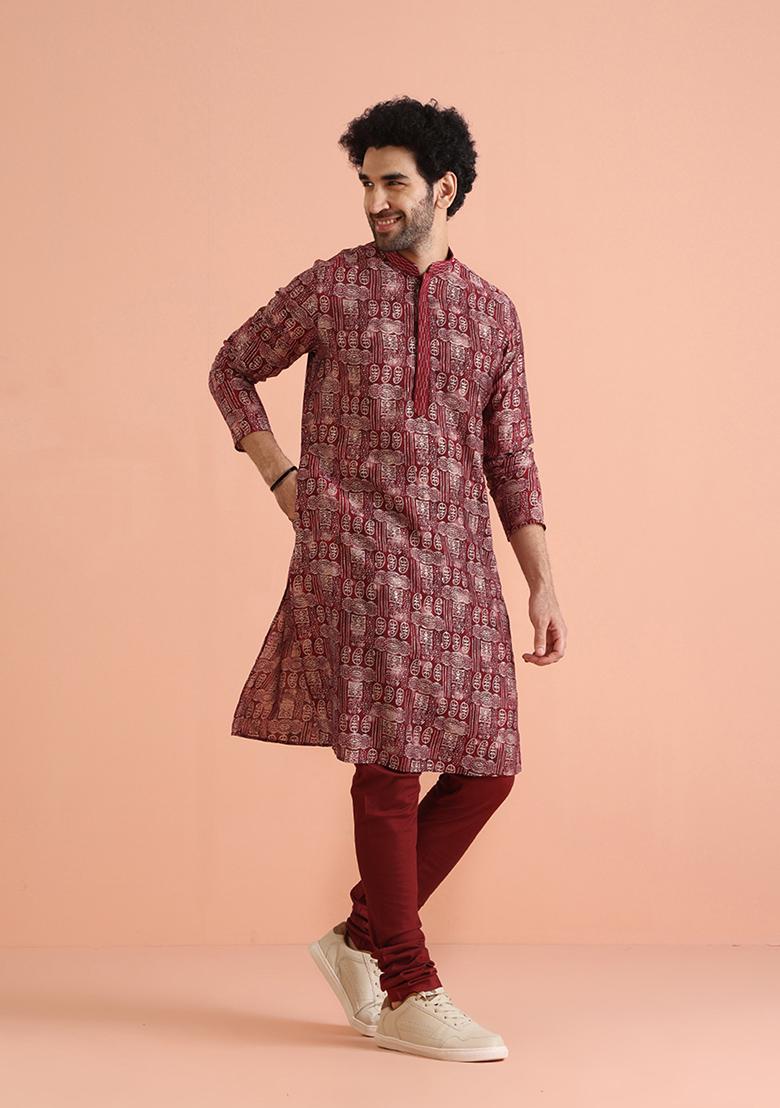 Maroon Printed Blend Kurta