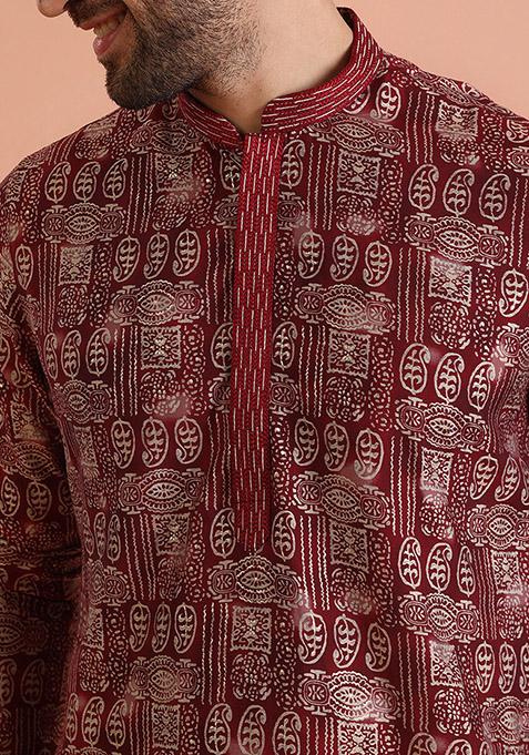 Maroon Printed Blend Kurta