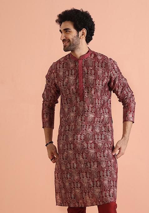 Maroon Printed Blend Kurta