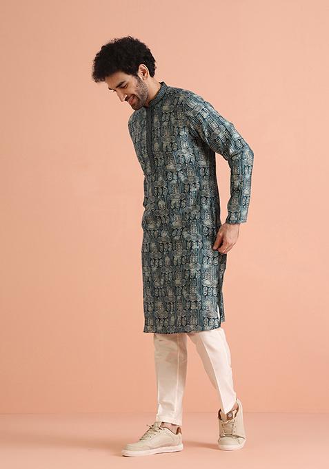 Blue Printed Blend Kurta