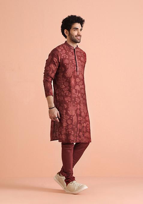 Maroon Printed Blend Kurta