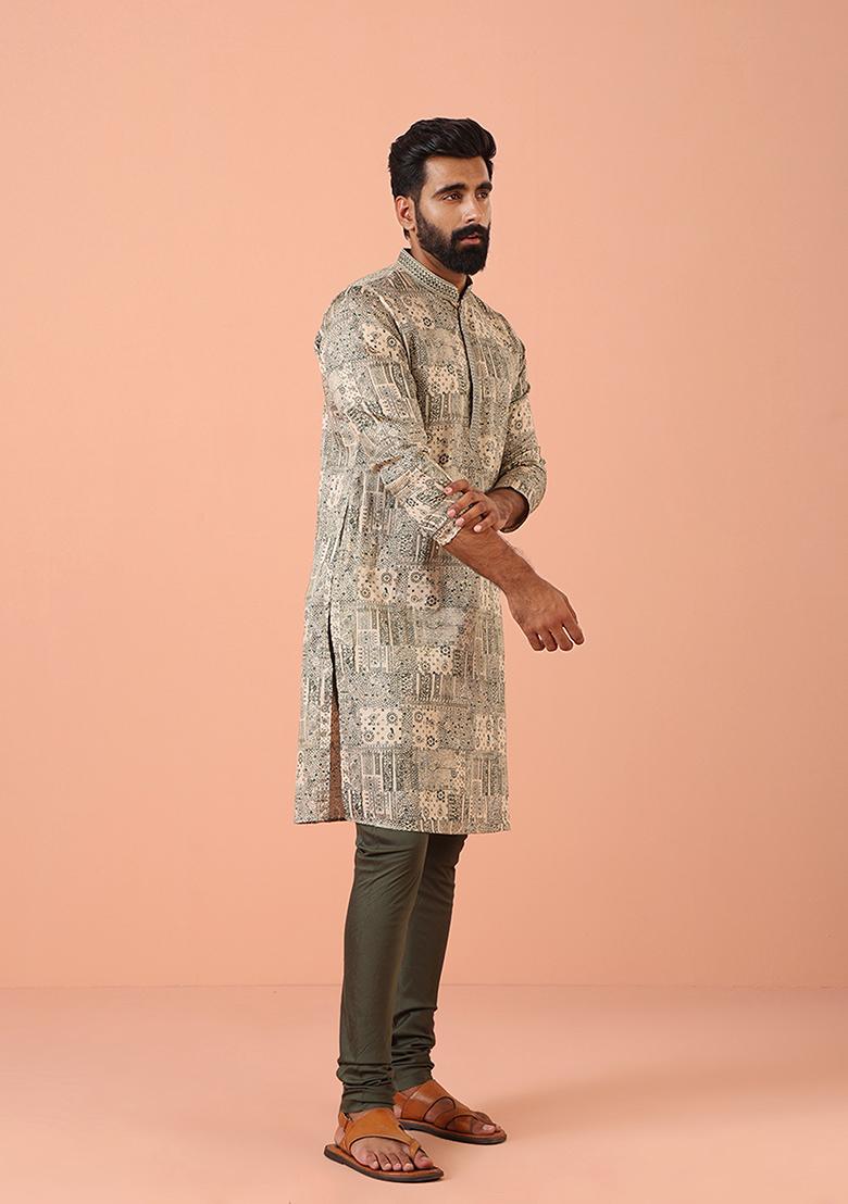 Green Foil Print Blend Kurta