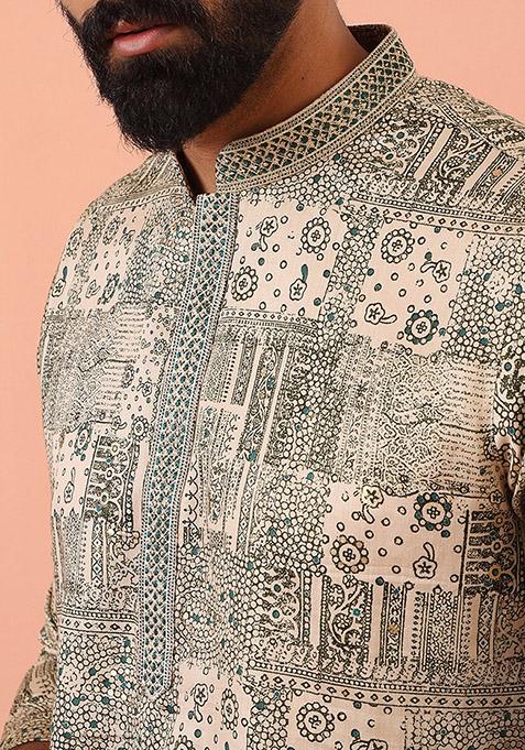 Green Foil Print Blend Kurta