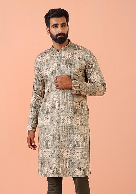 Green Foil Print Blend Kurta