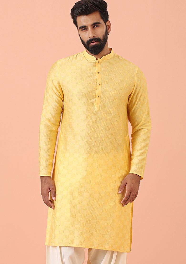 Yellow Self Design Blend Kurta