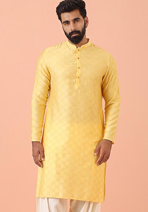 Yellow Self Design Blend Kurta