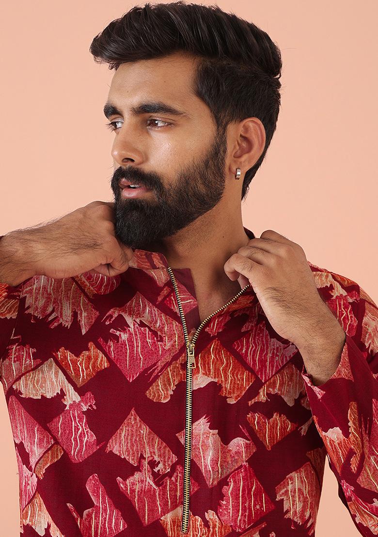 Maroon Printed Blend Kurta - Indya