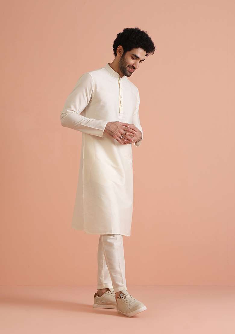 White Solid Dyed Cotton Blend Kurta - Indya