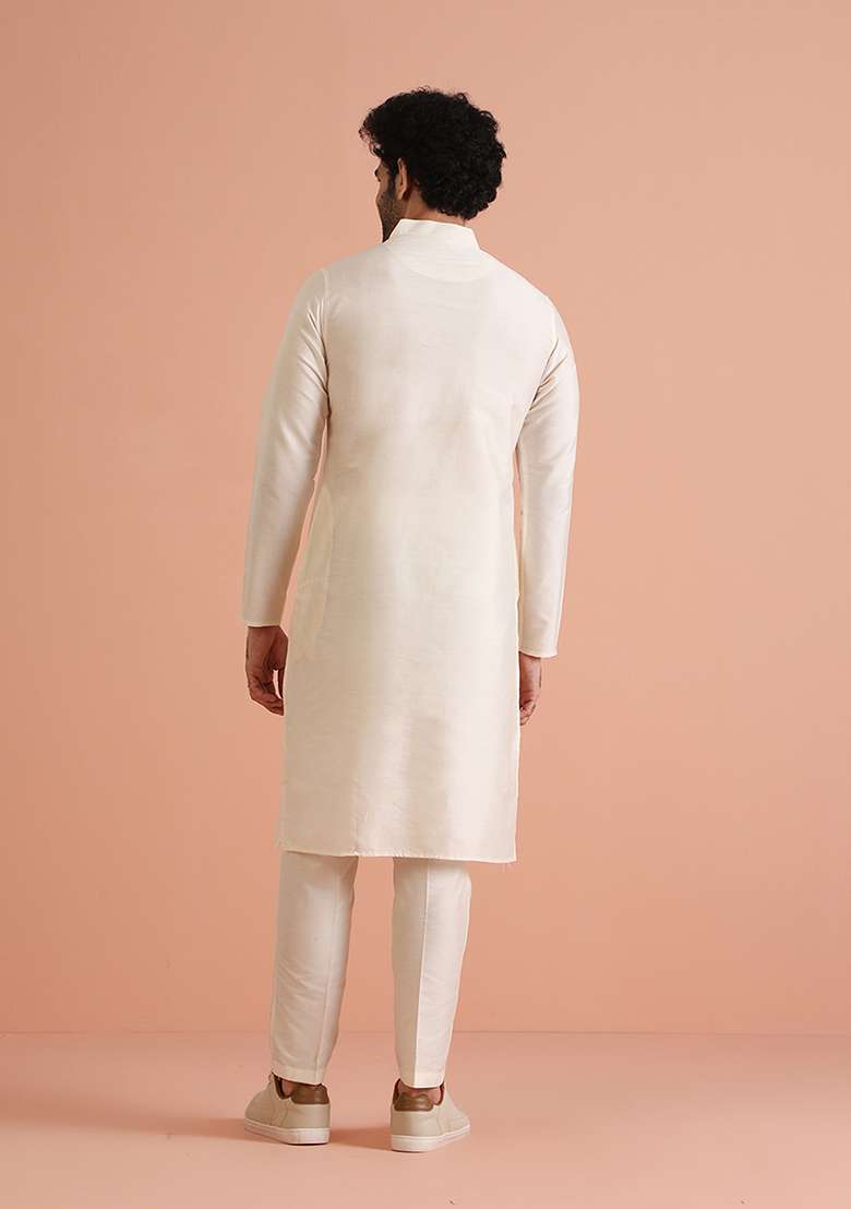White Solid Dyed Cotton Blend Kurta - Indya