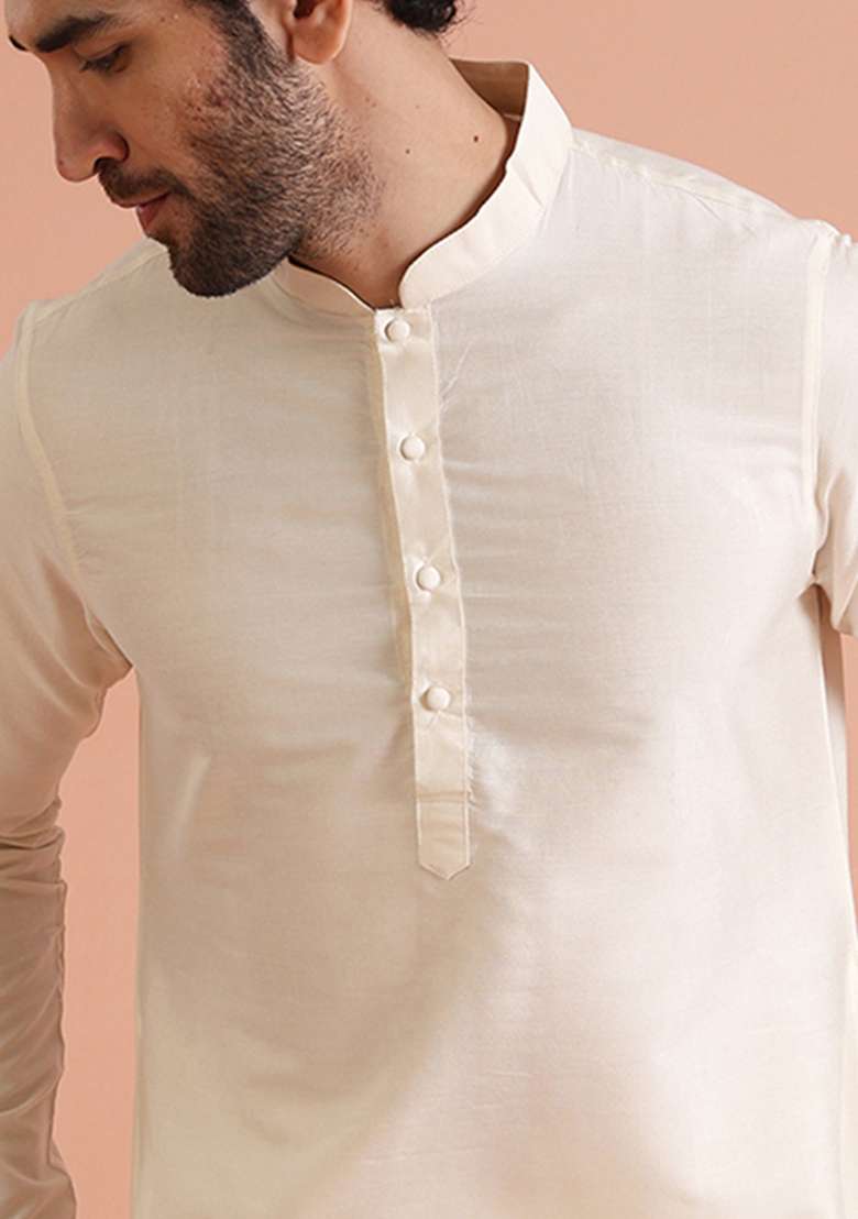 White Solid Dyed Cotton Blend Kurta - Indya