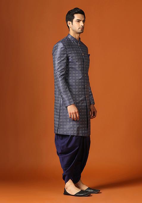 Navy blue Woven Design Jacquard Sherwani