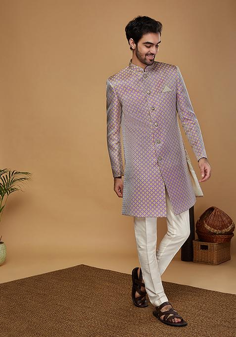Mauve Woven Design Silk Blend Sherwani