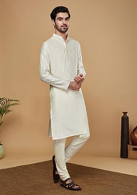 White Textured Silk Blend Jacquard Kurta