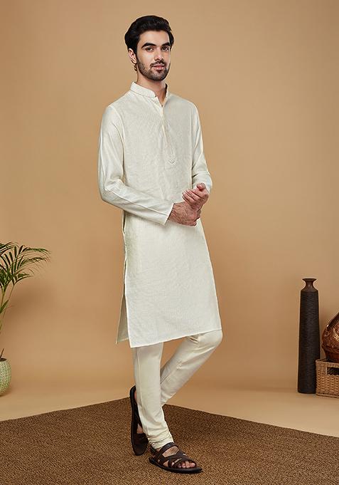 White Textured Silk Blend Jacquard Kurta