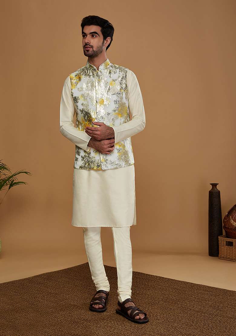 Off White Woven Design Jacquard Jacket - Indya