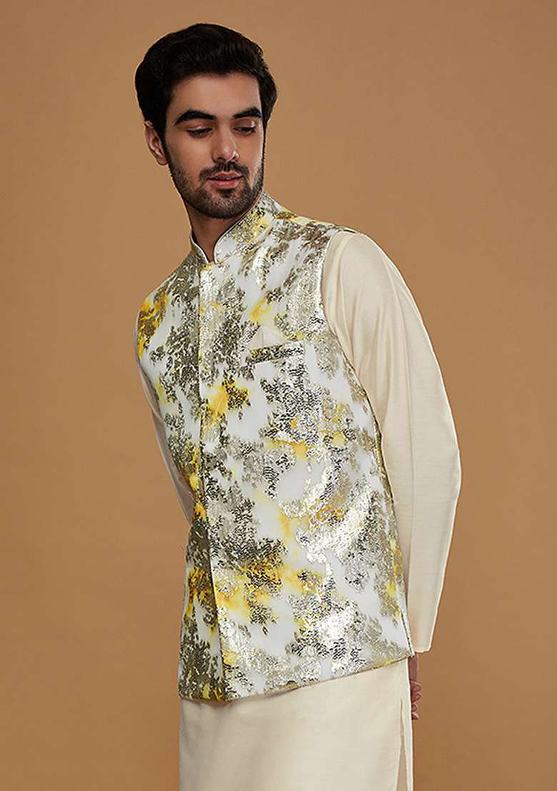 Off White Woven Design Jacquard Jacket - Indya