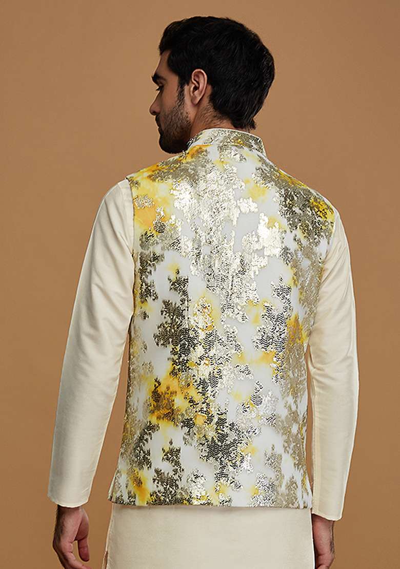 Off White Woven Design Jacquard Jacket - Indya