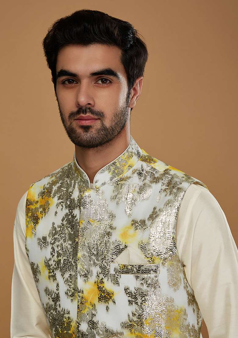 Off White Woven Design Jacquard Jacket - Indya