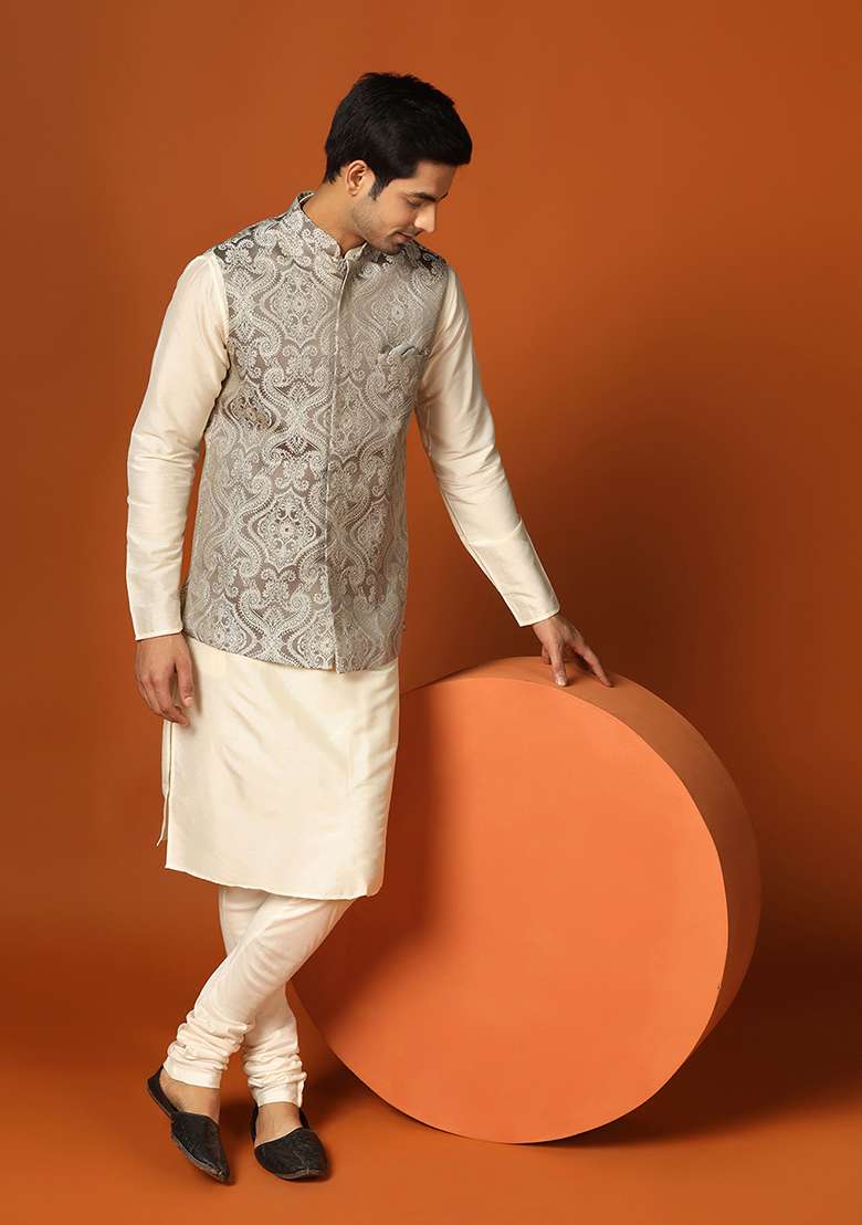 Grey Woven Design Jacquard Jacket - Indya