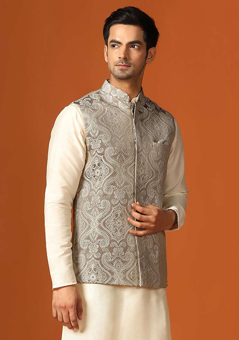 Grey Woven Design Jacquard Jacket - Indya