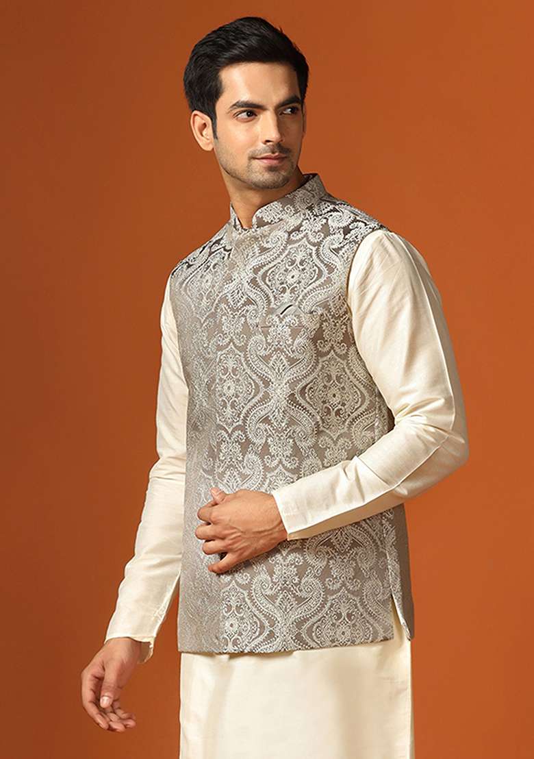 Grey Woven Design Jacquard Jacket - Indya