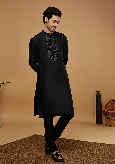 Black Embellished Cotton Blend Kurta