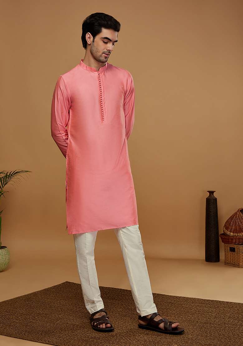 Pink Solid Cotton Blend Kurta - Indya