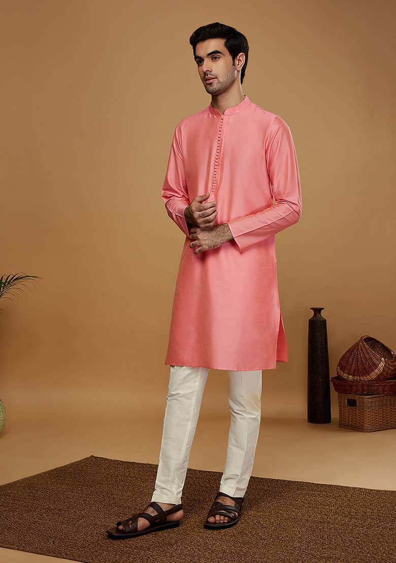 Pink Solid Cotton Blend Kurta - Indya