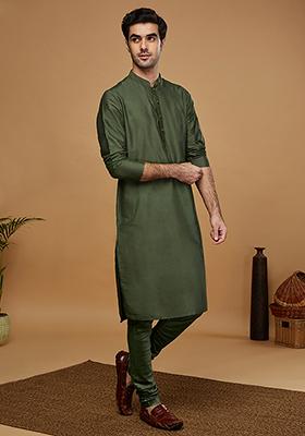 Olive Green Woven Design Silk Blend Kurta
