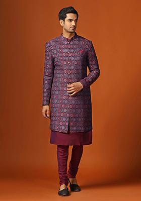 Magenta Woven Design Jacquard Kurta Sherwani Set