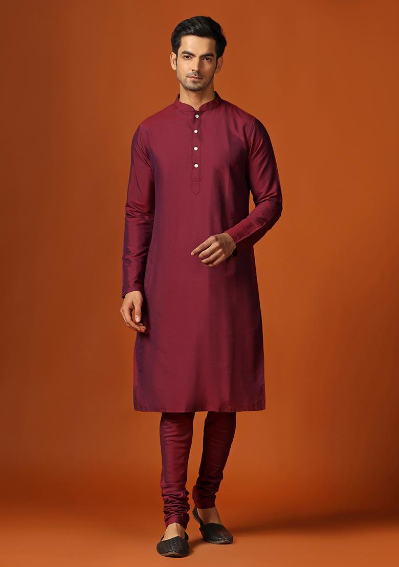 Magenta Woven Design Jacquard Kurta Sherwani Set - Indya