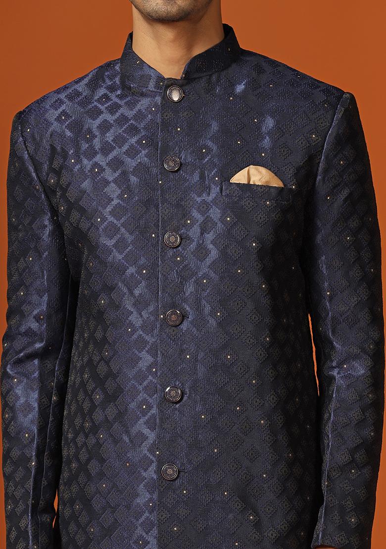 Navy Blue Textured Silk Blend Jacquard Sherwani Set - Indya