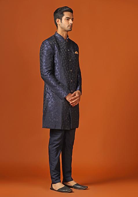 Navy Blue Textured Silk Blend Jacquard Sherwani Set